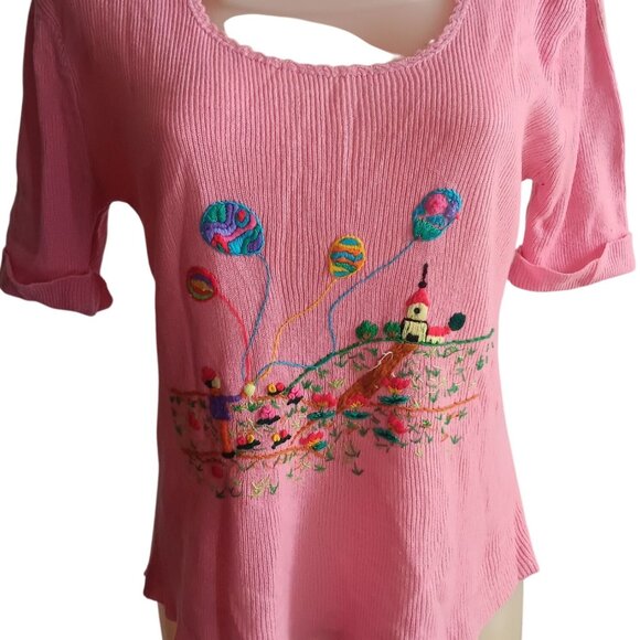 Vintage 70's Top Large Pink Embroidered Balloon Village Scene Boho Disco Hippy - Picture 1 of 8